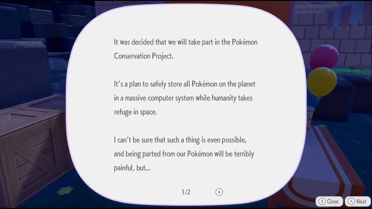 Pokopia Postagem de texto dizendo que humanos foram para o espaço, Crédito Pokémon