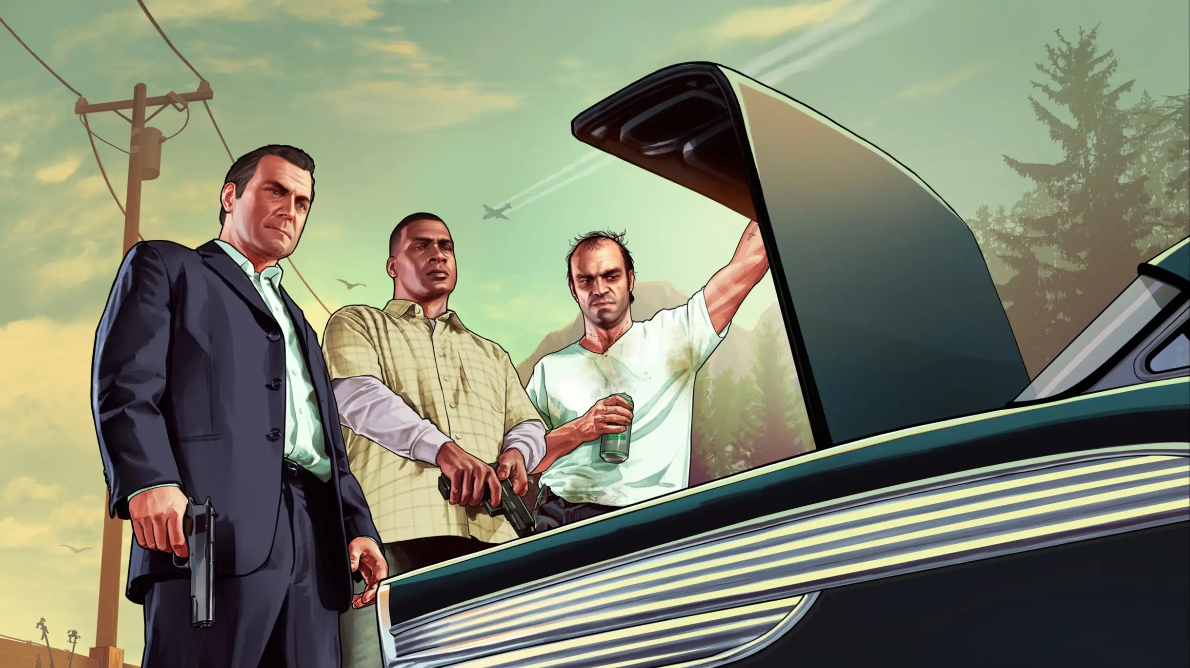 Arte oficial de GTA 5 com Michael, Trevor e Franklin, Rockstar Games