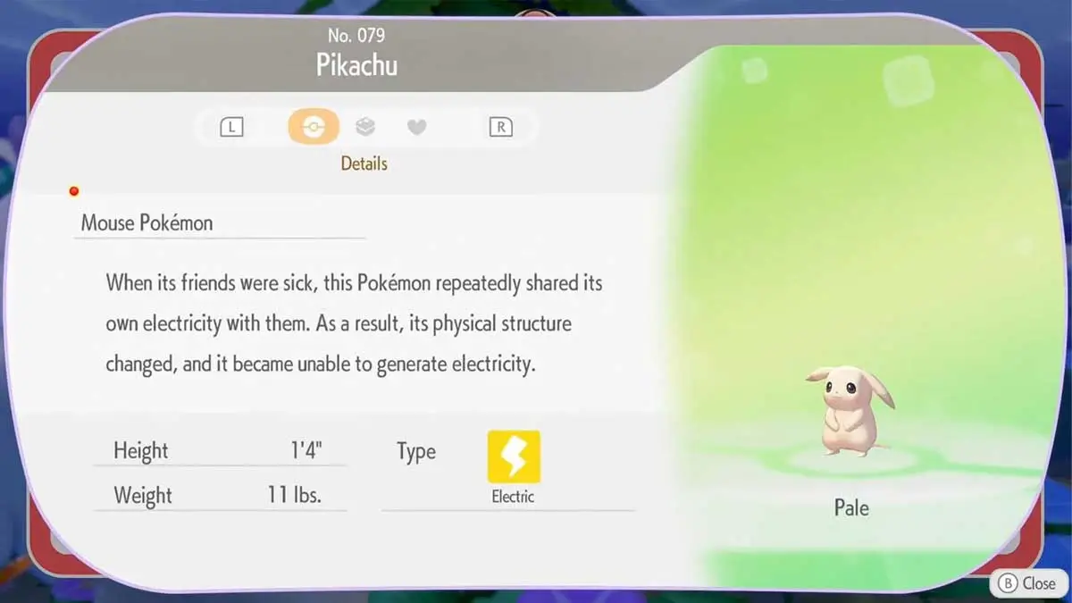 Entrada Pokedex de Peakychu em Pokémon Pokopia