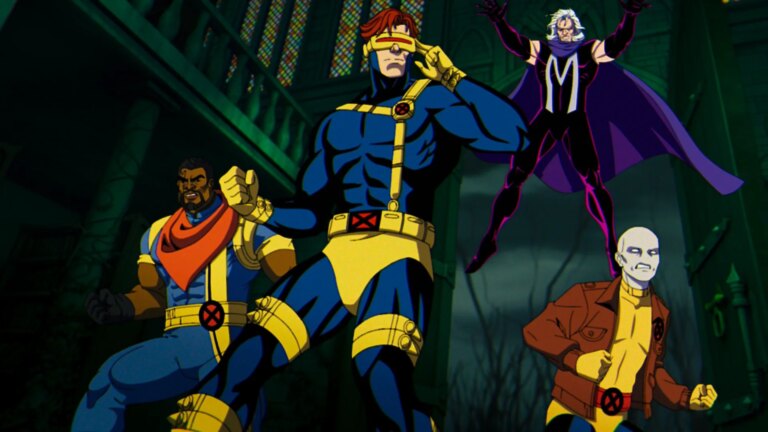 (L-R): Bishop (voiced by Isaac Robinson-Smith), Cyclops (voiced by Ray Chase), Magneto (voiced by Matthew Waterson), and Morph (voiced by JP Karliak) in Marvel Animation