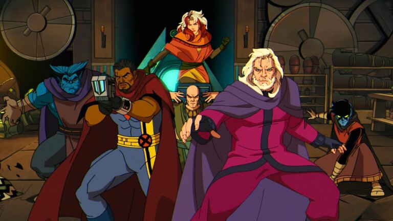 (L-R): Beast (voiced by George Buza), Bishop (voiced by Isaac Robinson-Smith), Rogue (voiced by Lenore Zann), Professor X (voiced by Ross Marquand), Magneto (voiced by Matthew Waterson), and Nightcrawler (voiced by Adrian Hough) in Marvel Animation